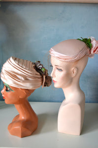 Peach Pink Satin Ladies Hats Lot Of Two Flowers/ Netting/Pillbox/Flower Wedding Bridesmaid