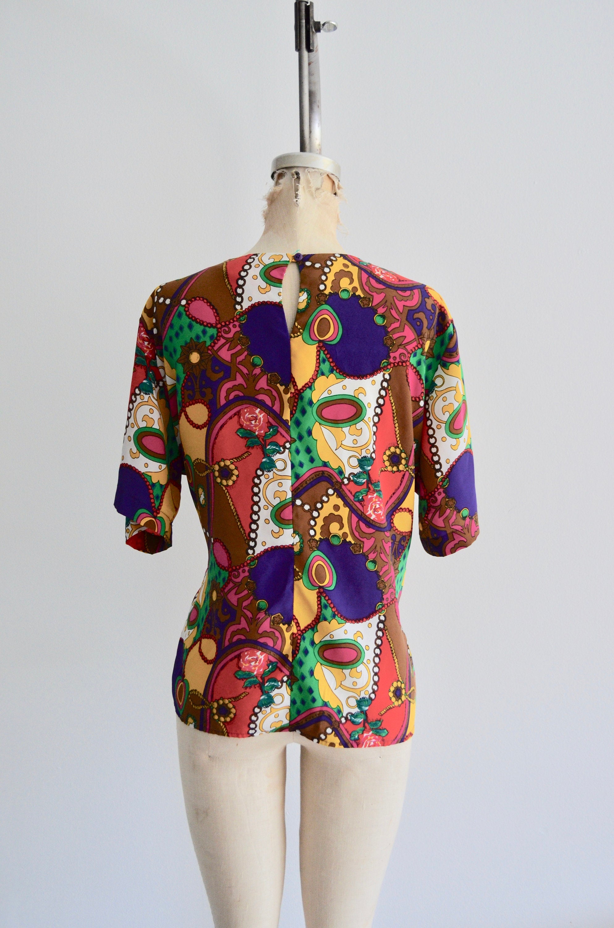 1980S Slouchy Funky Baroque Chain Multicolor Graphic Print Top Blouse Short Sleeves Notations