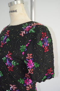 Minimalist Sequins Laurence Kazar Floral Sequined Beaded Silk Top Blouse