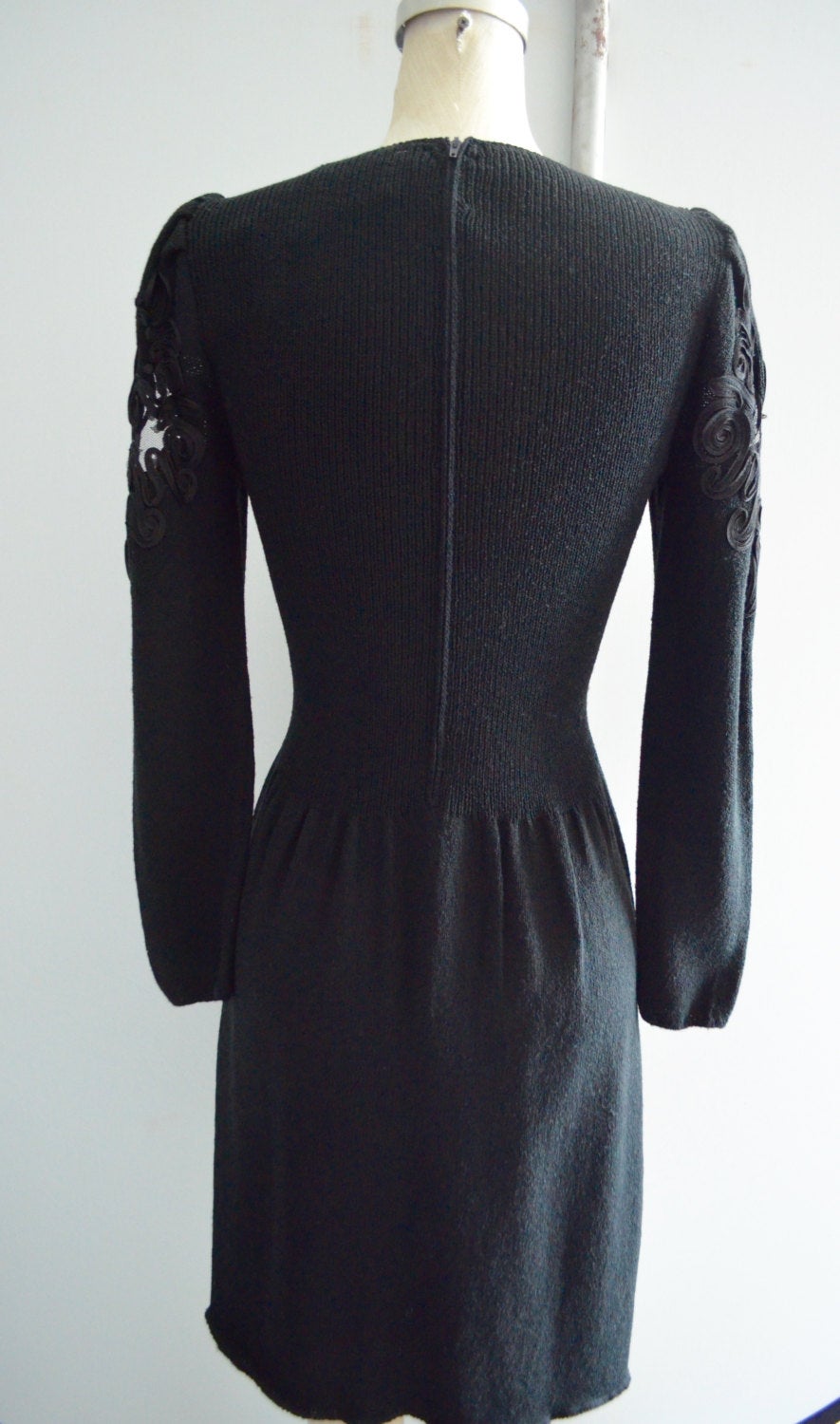 Pat Sandler Wellmore Dress For Saks Fifth Avenue Black Santana Knit Bead Puff Sleeve Dynasty