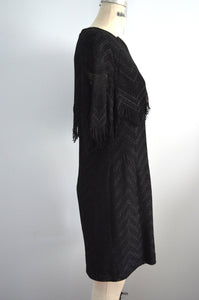 Great Gatsy Damianou Flapper Dress In Black Lace Fringe/Black Sequins Thread