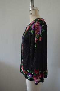 Laurence Kazar Sequined Beaded Cropped Jacket Multicolor Floral Cocktail Wedding Nye XL