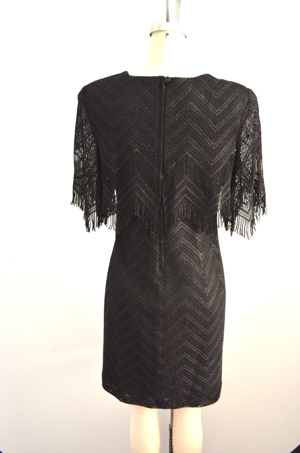 Great Gatsy Damianou Flapper Dress In Black Lace Fringe/Black Sequins Thread
