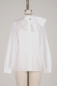 Renaissance Romance Lady Like Bow Tie Ruffled Button Down Shirt With A Pearl Button