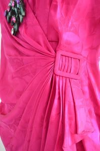 80S Hot Pink Ruched Wrap Jacquard Silk Secretary Dress By Silk Studio Small