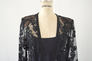 1970S Black Lace Sequined Sheer Blouse Top Dress Shirt Long Sleeve Tuxedo Bohemian Button Up
