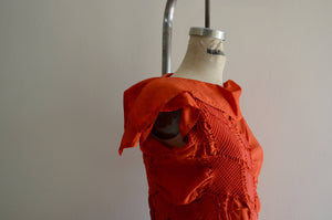 1990S Issey Miyake Silk Asymmetrical Plisse Patchwork Pleated Ruffle Orange Matching Skirt