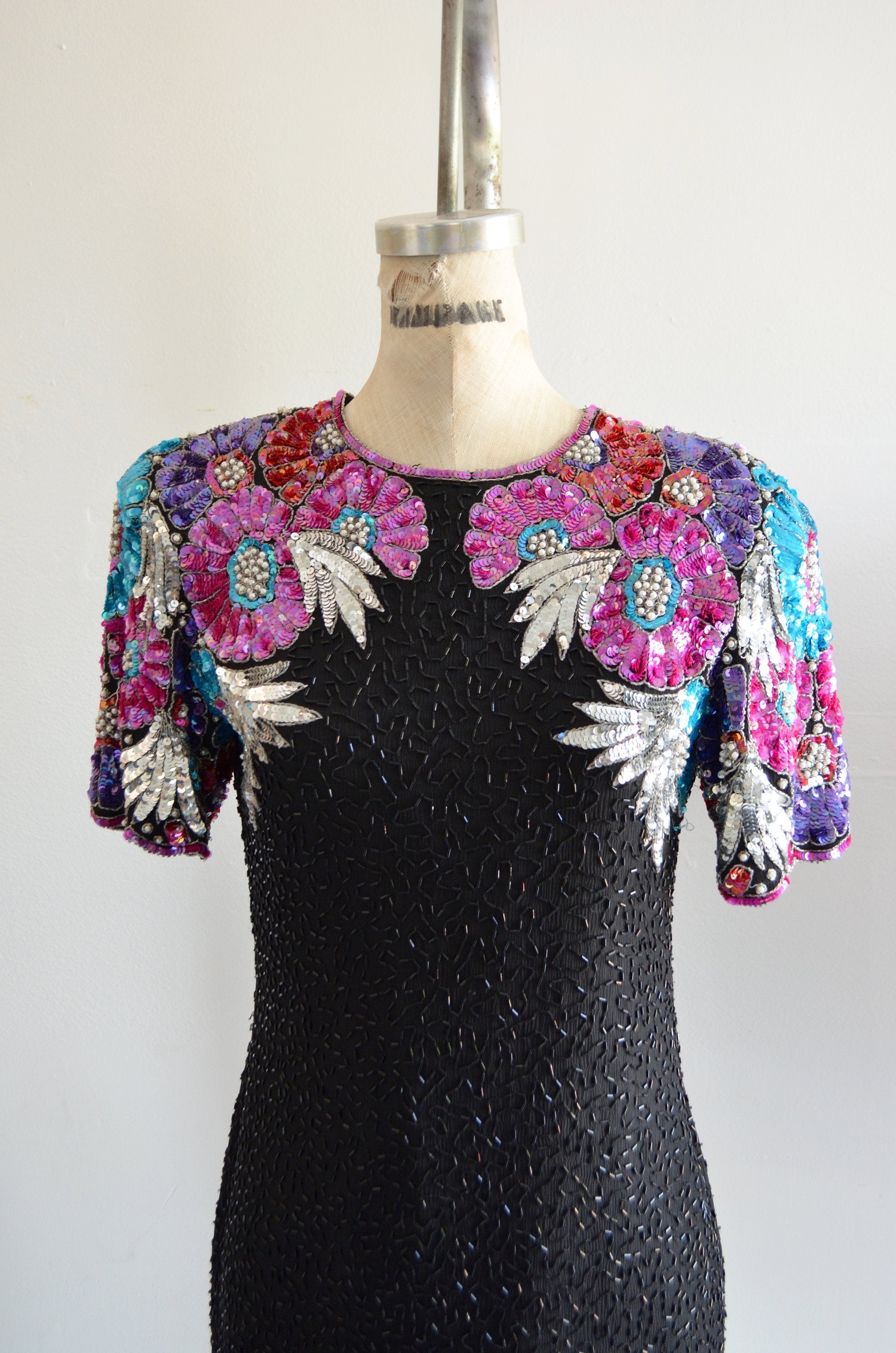 stenay beaded dress Avant Garde Black Silk Pearls Sequins Dress Stenay With Shoulder Colorful Blossom Purple Flower