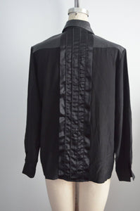 Chic Black Silk Erez Leather Crystal Embroidery Shirt Blouse Button Down Long Sleeve