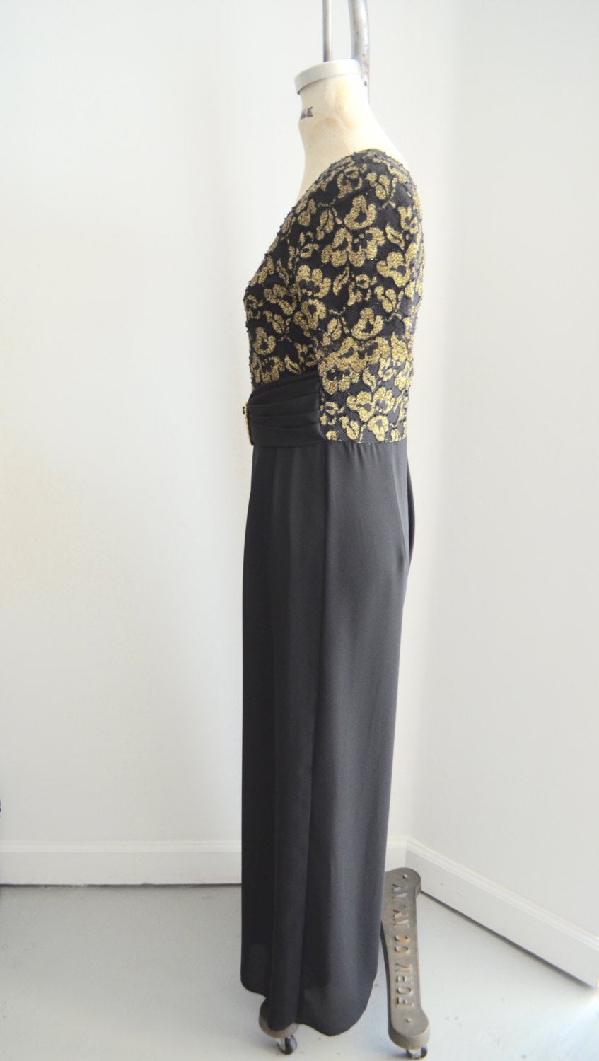 70S Black Crepe Gold Lace Belted Jumpsuit By Rhapsody