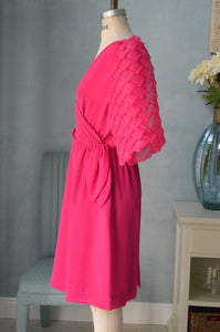 Pink Honeycomb Fabric Statement Sleeve Dress Oversized Puffy Sleeve Crepe Dress Princess Midi Dress