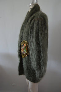 Slouchy Mohair Long Sequins Beaded Army Green Cardigan Outwear Coat Sweater 80S Fall