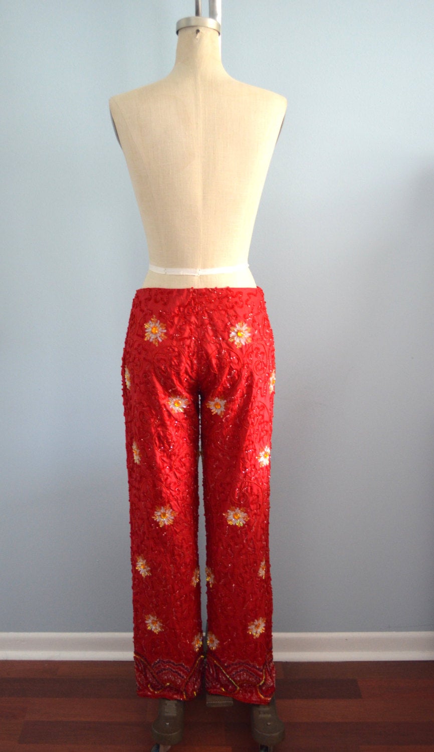 Red Sequins Paints Daizy And Paisley Beaded Embellished Silk Trousers Pants Cocktail Dress Pants