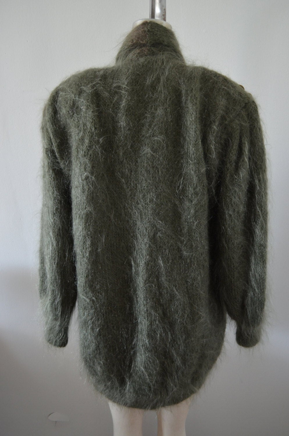 Slouchy Mohair Long Sequins Beaded Army Green Cardigan Outwear Coat Sweater 80S Fall