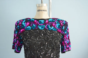 Avant Garde Black Silk Sequins Dress With Shoulder Colorful Details By In Fashion