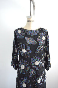 Glam 80S Silk Black Floral Daisy Sequined Scalloped Hand Woven Party Dress