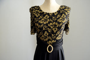 70S Black Crepe Gold Lace Belted Jumpsuit By Rhapsody