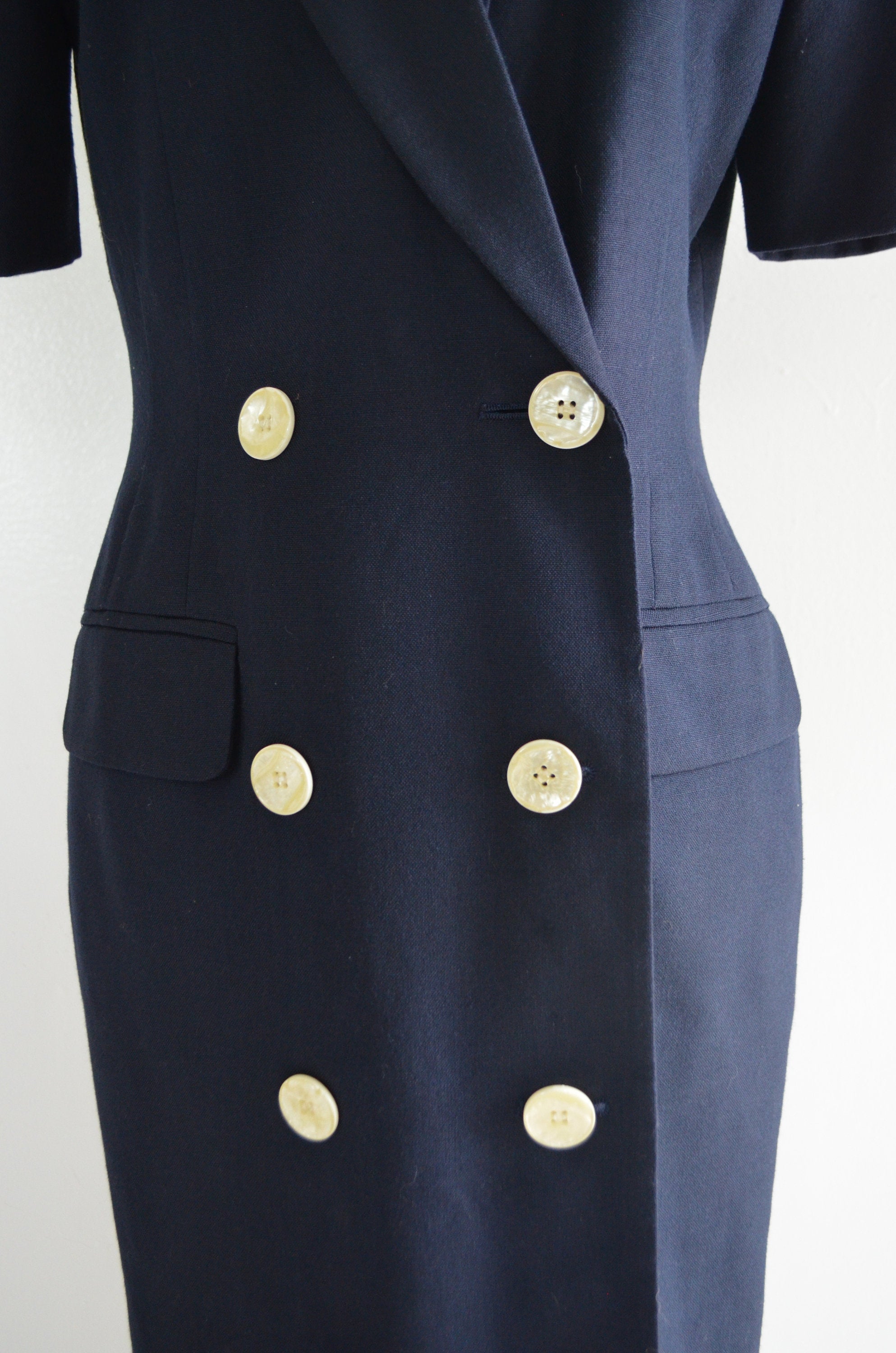 1980S Blazer Dress By Sarah Taylor Navy Button Down Shirt Dress With Linen Shoulder Pads Linen
