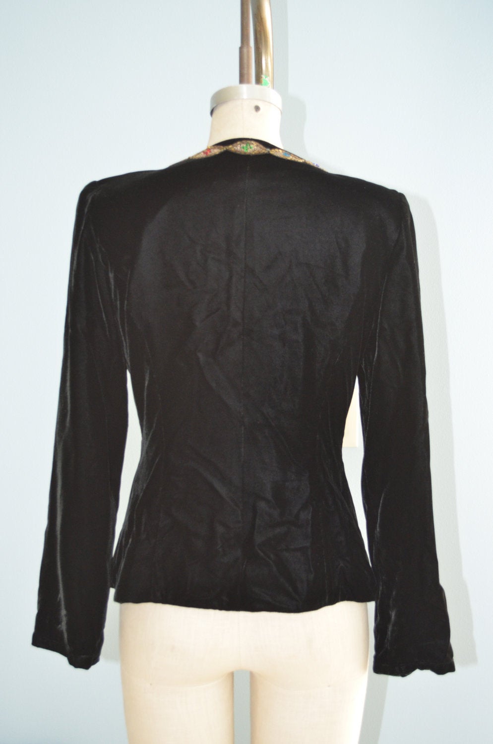 Black Velvet Sequined Beaded Gold Leaves Jacket Blazer Short Cropped