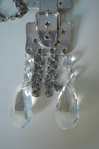 70's Silver Plated Brass Buckle Chain-Link Necklace With Tear Drop Swarovski Crystals