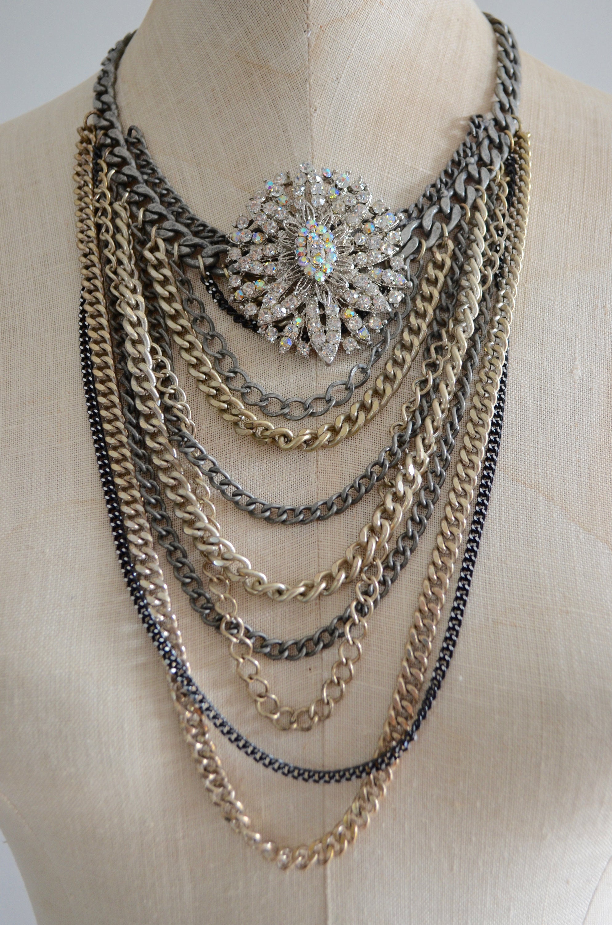 Statement Multi Layered Lengths Of Chain Antique Silver Necklace With Filigree Brooch Rockstar