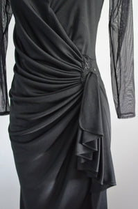 Black Sheer Bodice Sequined Shoulders Ruching Formal Avant Garde Dress