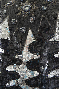 Bejeweled Top Sequined Beaded Edge Radio Frequency Wave Design Silver Black Blouse Raglan Sleeve