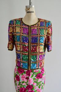 Mix And Match Prints Multicolor Sequin Silk Cropped Top Deadly Dames Pink Floral Pencil Skirt Set
