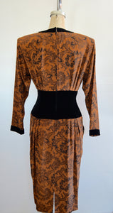 Caramel Paisley On A Print Silk Black Velvet Velour Dress Mid Length 1980S Fashion Fall