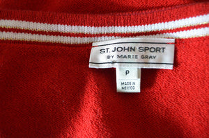St John Sport Marie Gray Red Rib Knit Cropped Top Luxury Fine Gauge Stripe Neck Gold Fleur De Lis