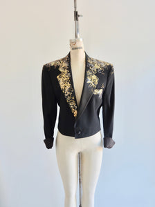 Black Cropped Tuxedo Jacket Tailored With Gold Print Design After Six Collared Formal Elegant Spring