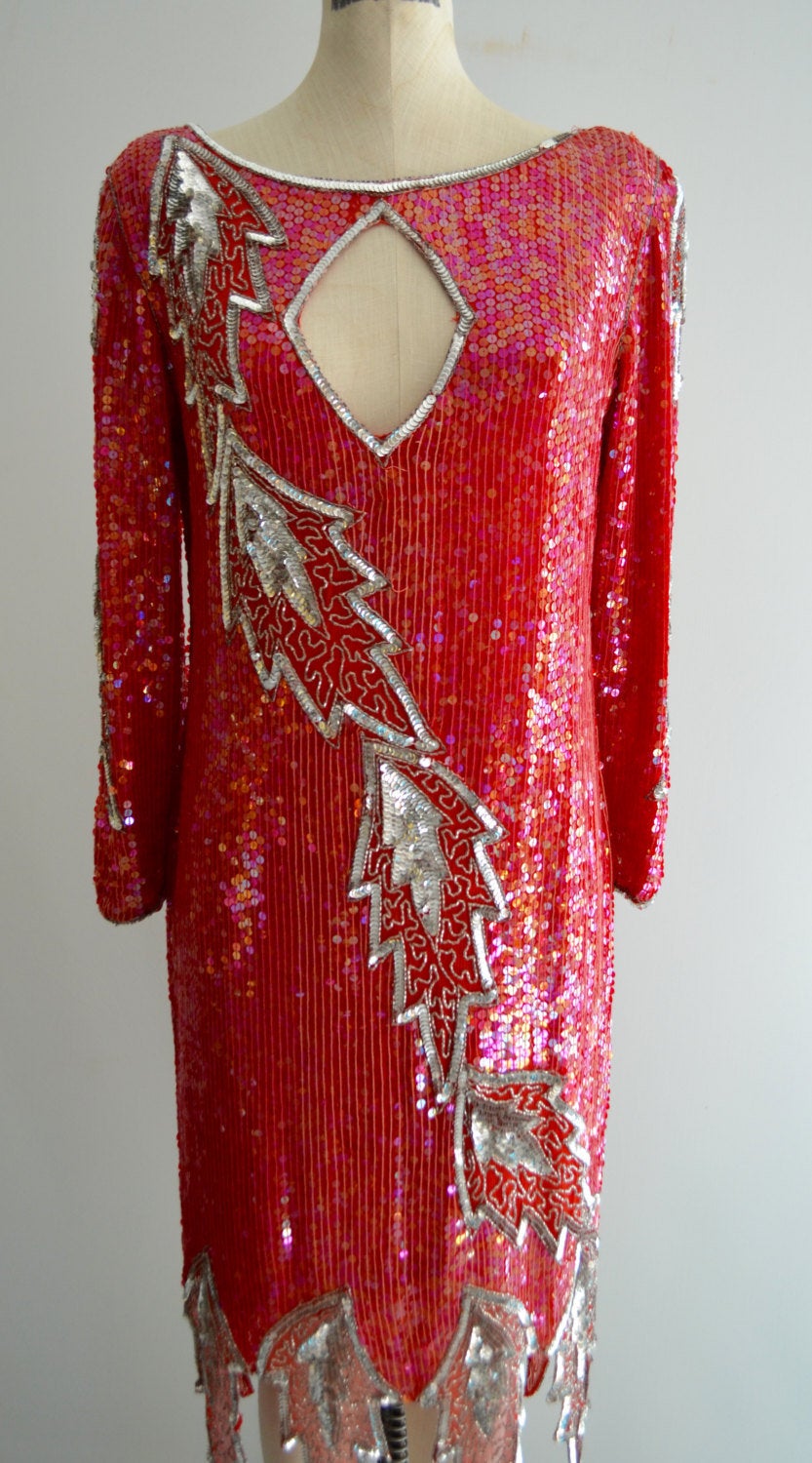 Beaded Flapper Red Valentines New York Red & Silver Sequined Leaves Mi Cougar Vintage Shop Beaded Flapper Red Valentines New York Red & Silver Sequined Leaves Mi Cougar Vintage Shop