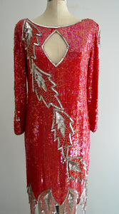 Beaded Flapper Red Valentines New York Red & Silver Sequined Leaves Mid Length Dress