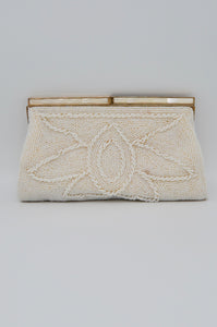 Off White Beaded Floral Clutch Purse Mother Of Pearl Lock Closure Bag Cocktail