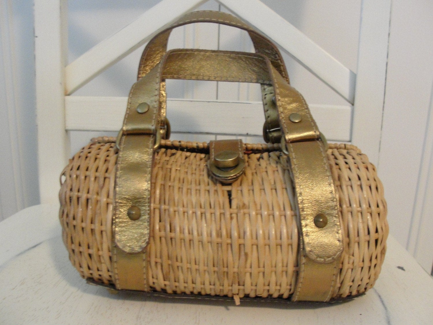 60S Wicker Handbag With Bronze Leather Strap Miami Style