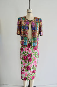 Mix And Match Prints Multicolor Sequin Silk Cropped Top Deadly Dames Pink Floral Pencil Skirt Set