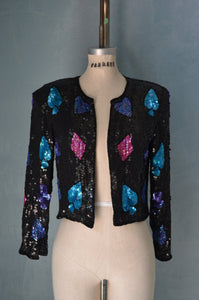 Playing Cards Sequin Silk Cassino American Night Sequin Beaded Cropped Jacket