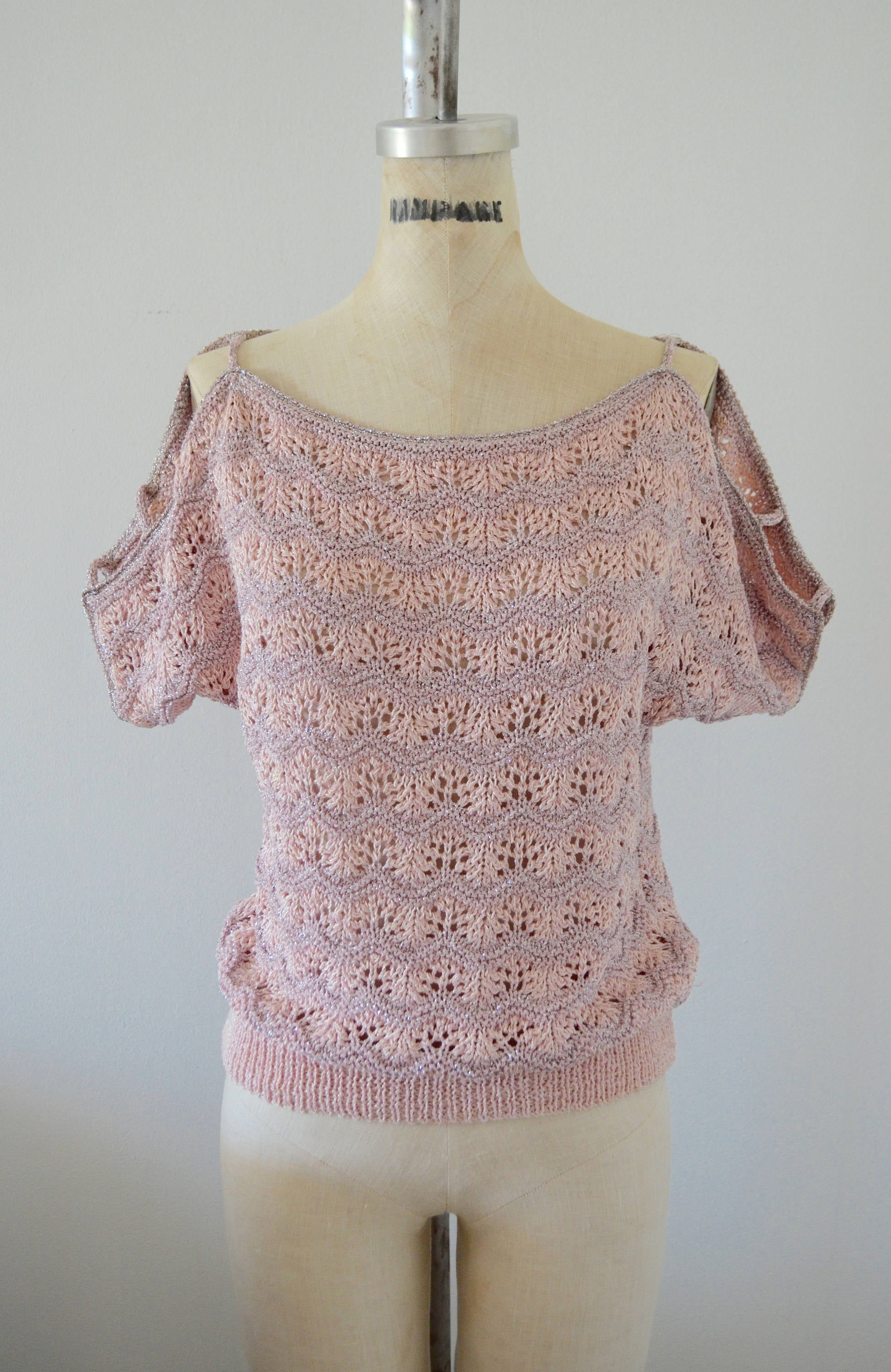 Pink Pastel Chevron Lace Knit Crochet Sweater Pink Silver Metallic Top Bohemian