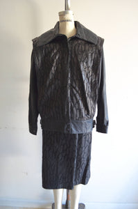 Power Leather Leopard Patchwork Black Bomber Moto Jacket Pencil Skirt Suit Matching Set Avant Garde