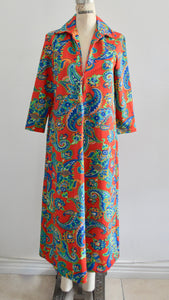 Boho Mod Red Paisley Printed Robe Loose Fitted Loungewear Sears Brand Cover Up Kimono Caftan