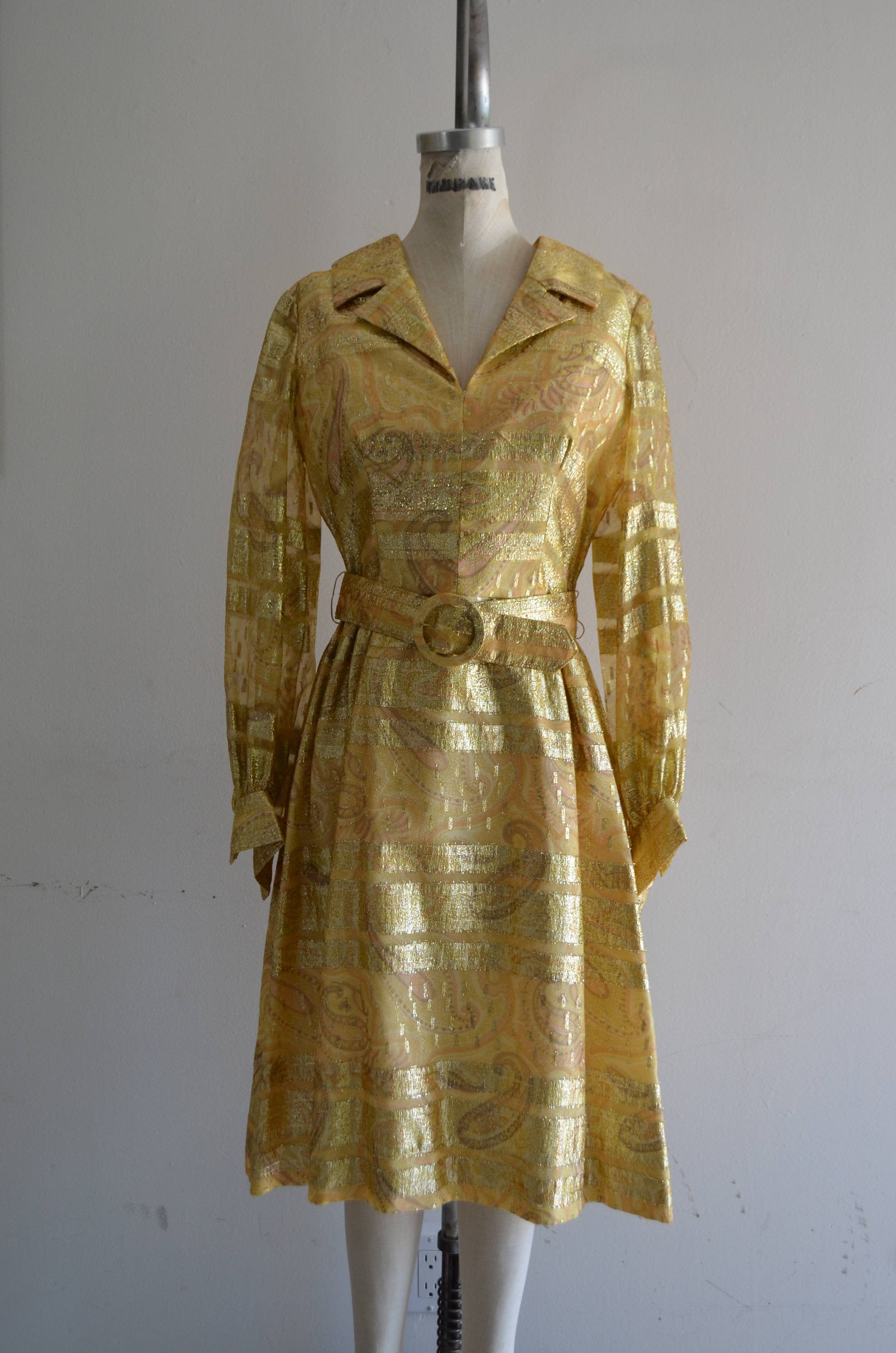 1970S Duvall's Metallic Gold Parsley Brocade Yellow Glitter Belted High Waist Midi Dress Long Sleeve