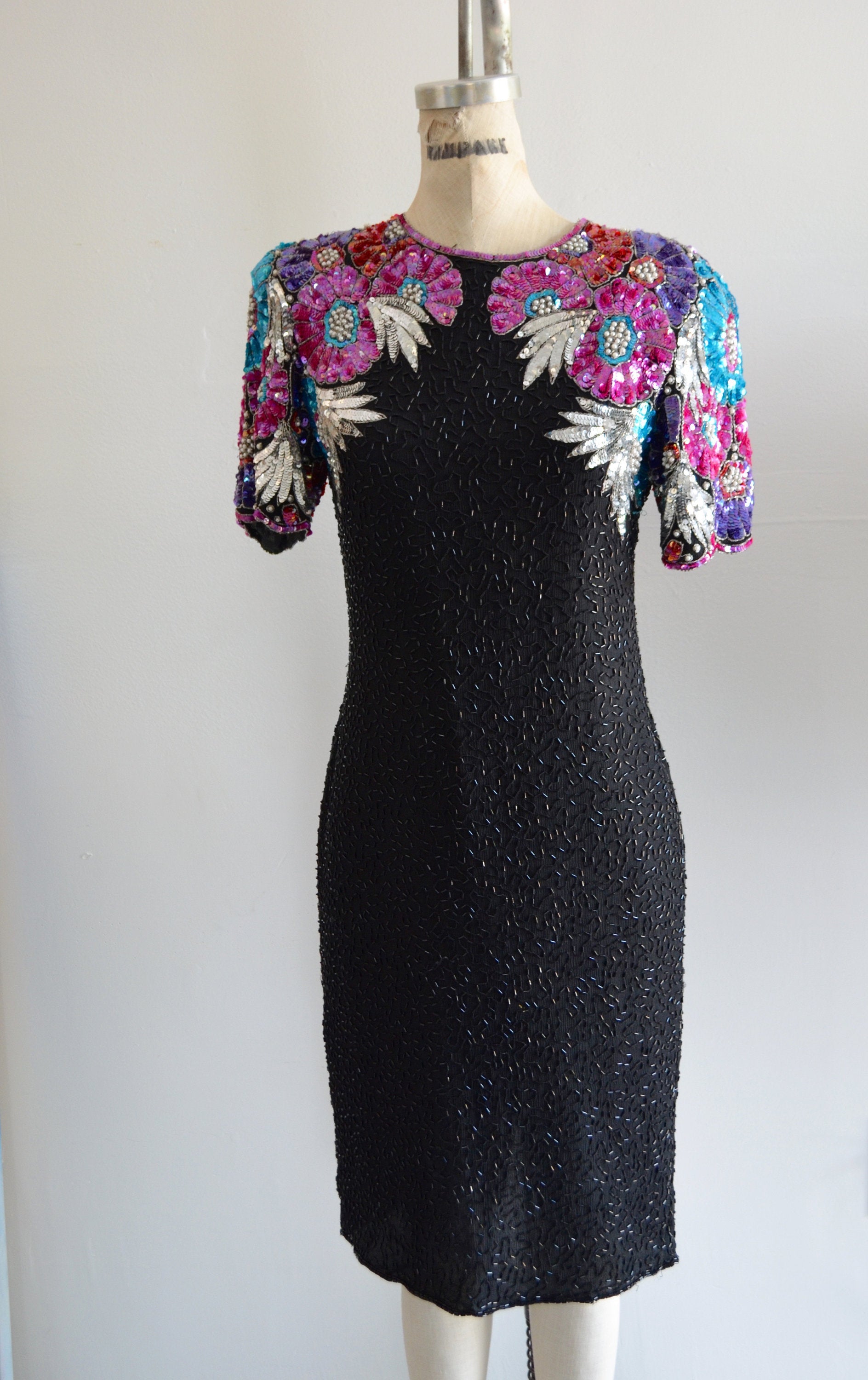 Avant Garde Black Silk Pearls Sequins Dress Stenay With Shoulder Colorful Blossom Purple Flower