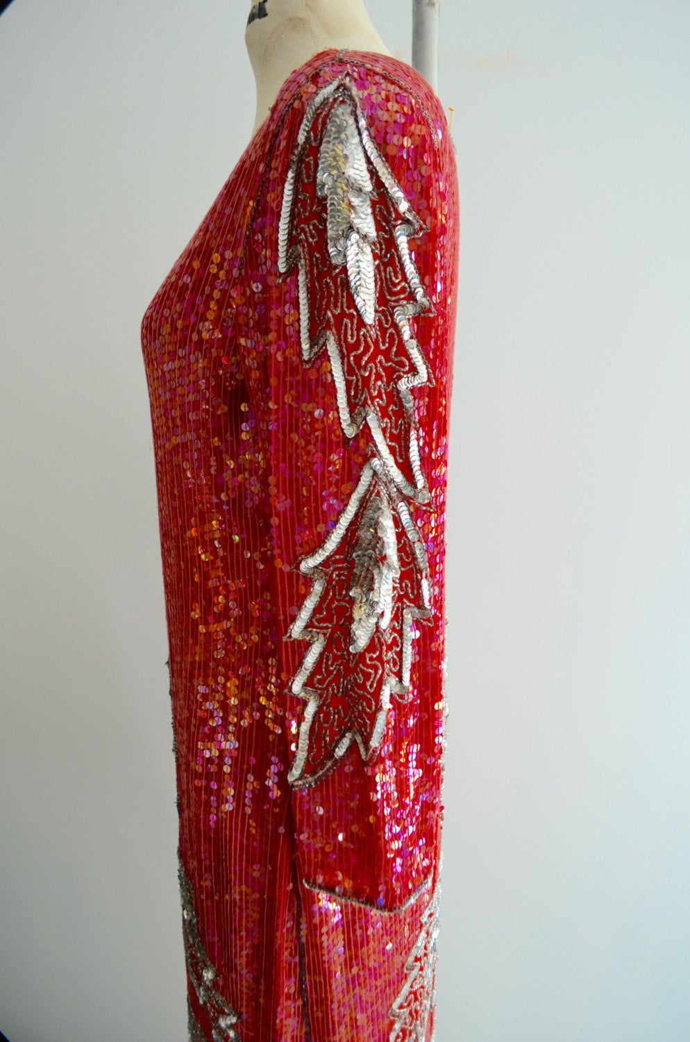 Beaded Flapper Red Valentines New York Red & Silver Sequined Leaves Mid Length Dress