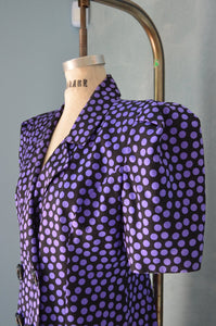 80S Purple And Black Polka Dot Silk Fit & Flare Dress Raul Blanco For Neiman Marcus