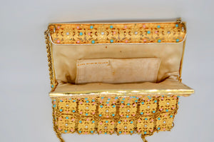 1960 French Gold Metal Lace Mesh Filigree Purse Beaded Antique Shoulder Bag