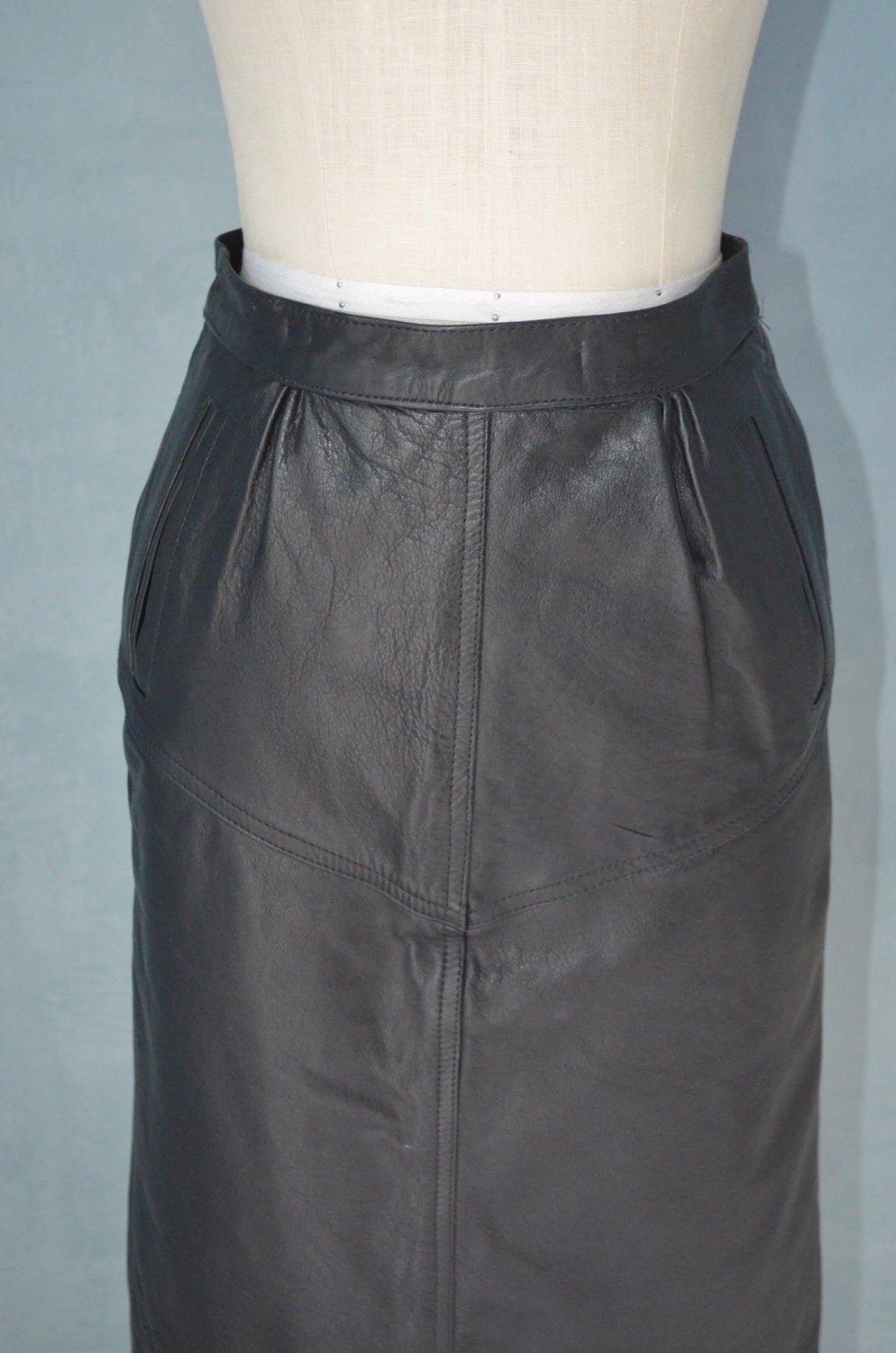 80S Italian Black Leather Pencil High Waisted Skirt