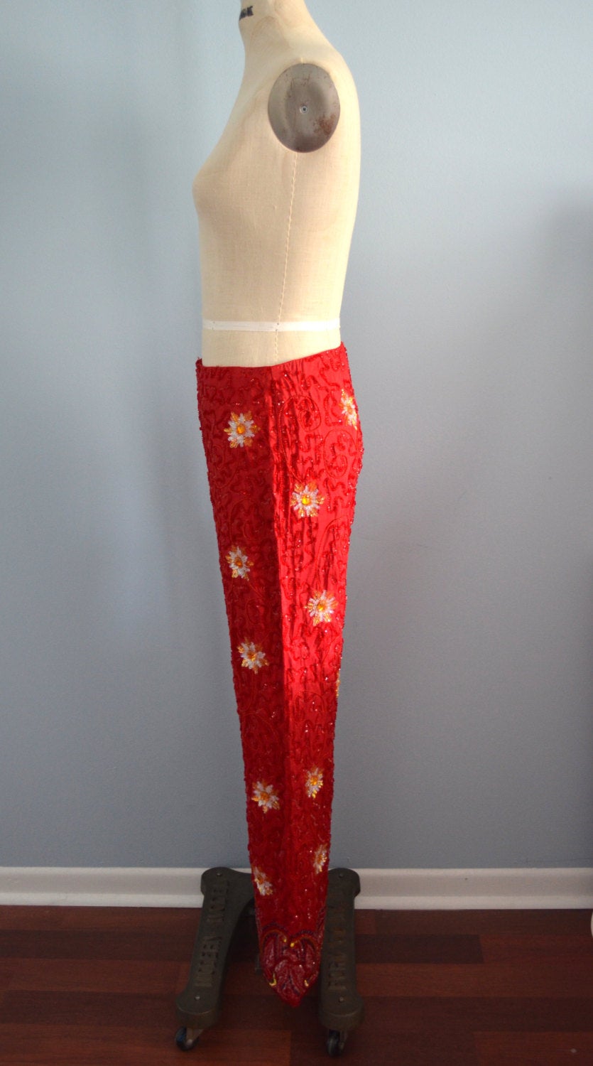 Red Sequins Paints Daizy And Paisley Beaded Embellished Silk Trousers Pants Cocktail Dress Pants