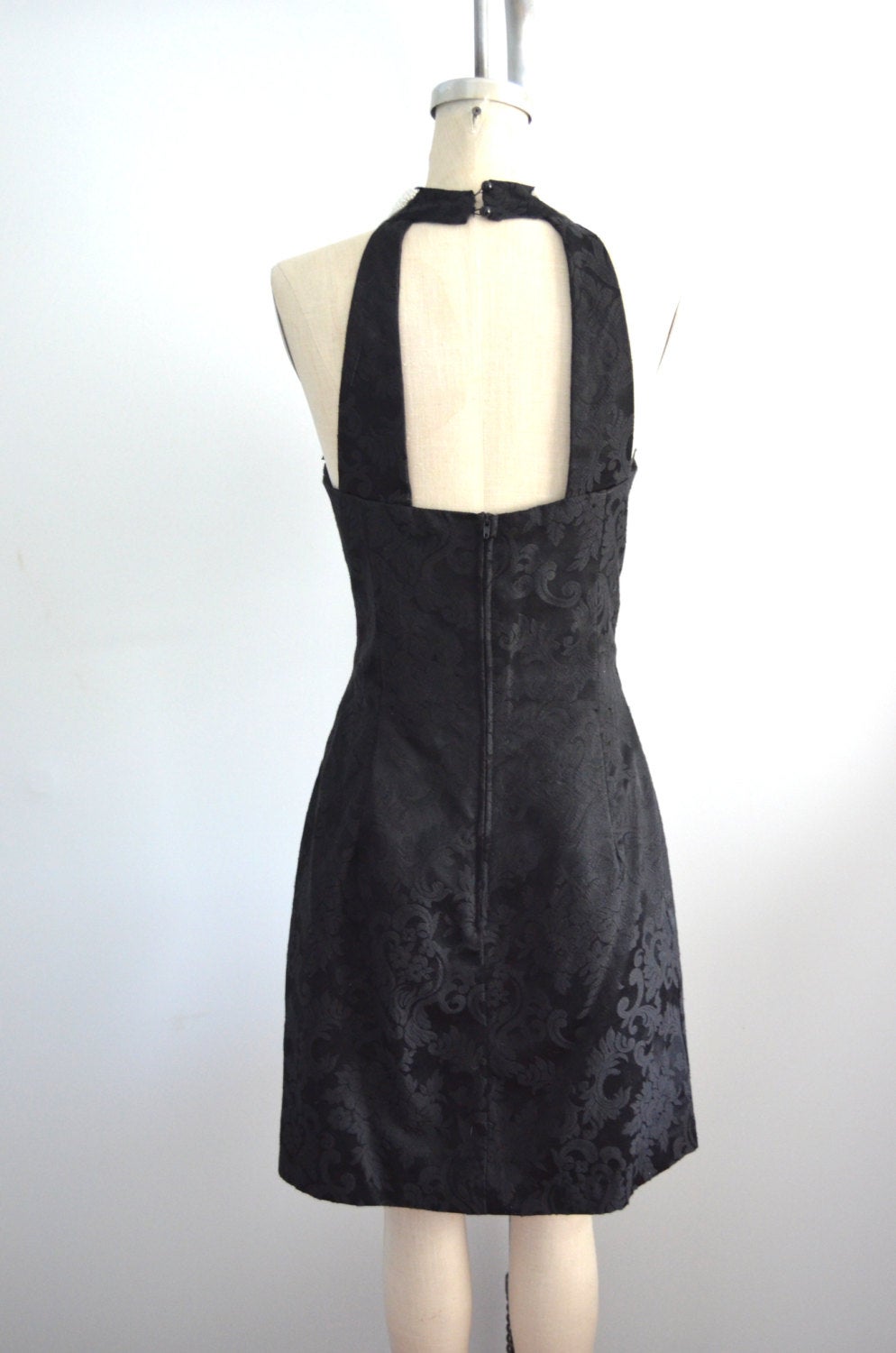 Black Brocade Dress Sweetheart Pearl Embroidered Halter Dave & Johnny Cocktail Dress