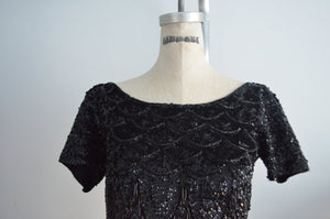 1960S Jo Ro Imports Black Sequined Beaded Fringe Top Handicraft Cropped Size M