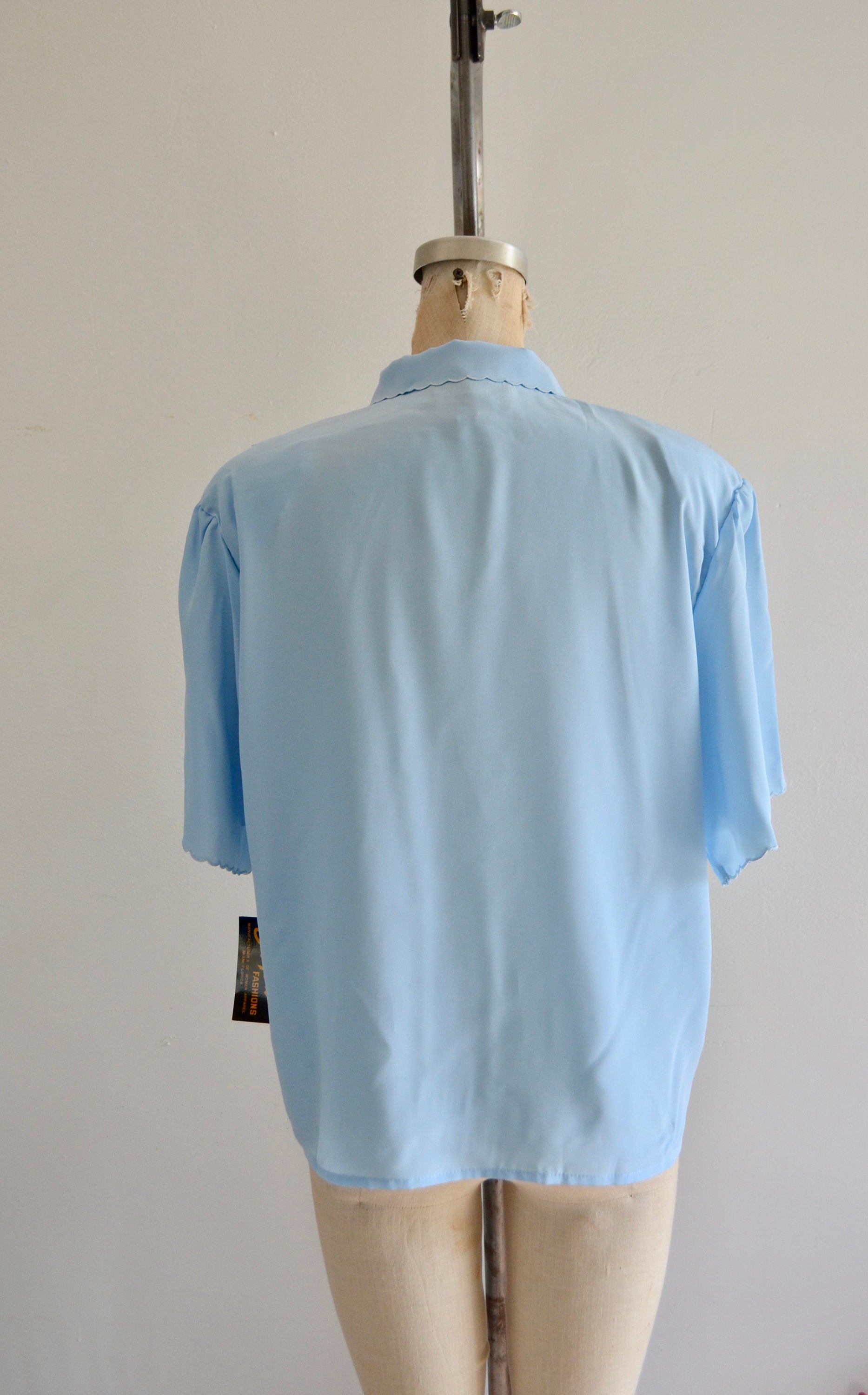 Nwt 90S Sassy Doll Light Blue Laser Cut Front Top Guipure Lace Collar Blouse Button Shirt